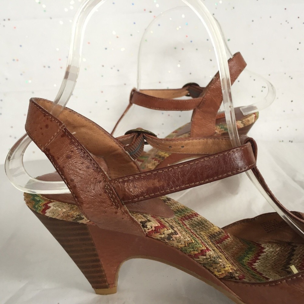 Miz Mooz Tan LeatherT strap Retro Cone Heel Sandal Fun Zig Zag insole - Size 8 - Picture 7 of 11